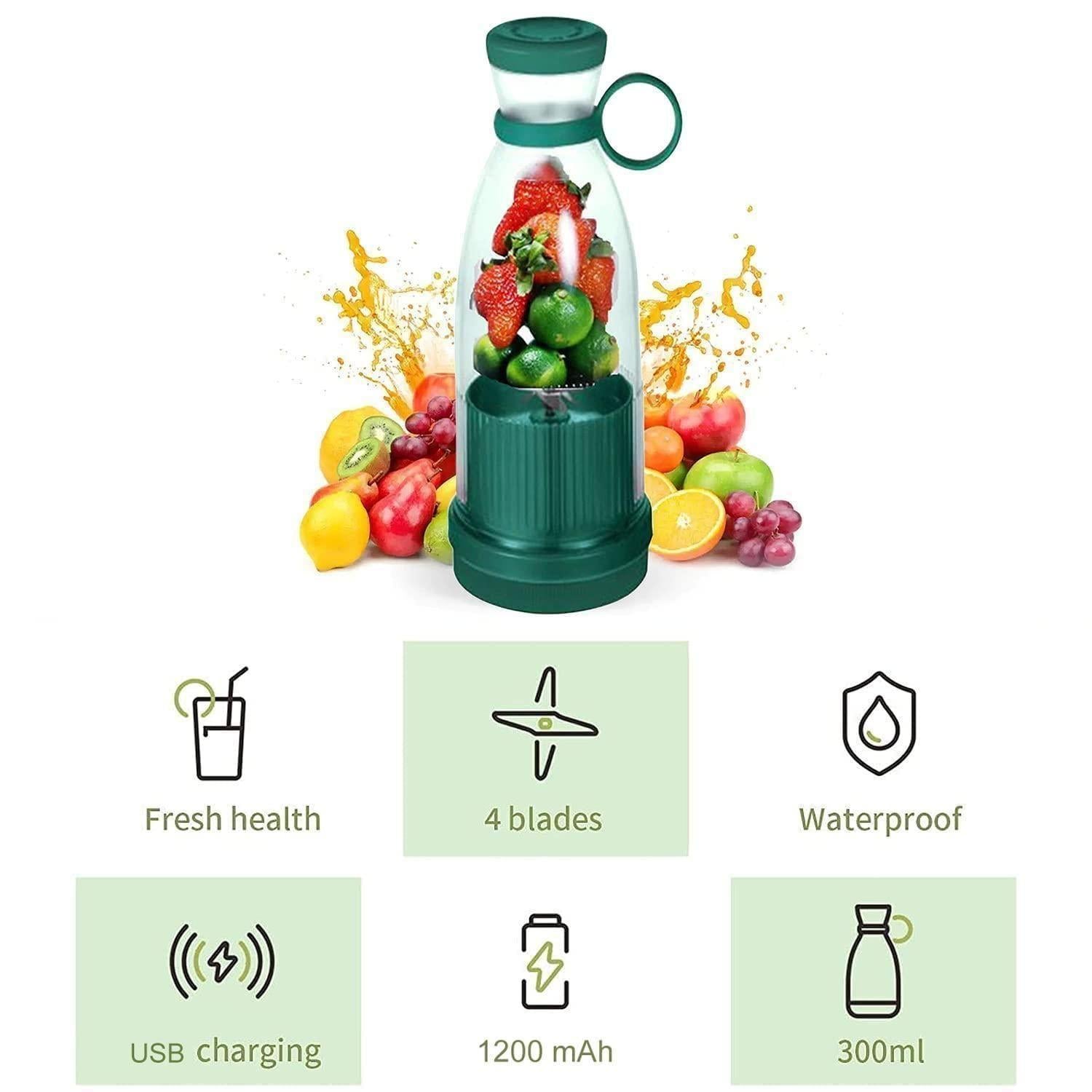 Green juicer bottle with fruit inside surrounded by fresh fruits and icons highlighting 4 blades, USB charging, waterproof, 300ml capacity