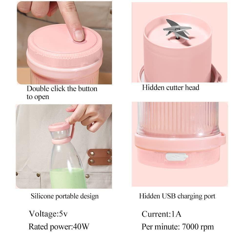 Detail shots showing button operation, hidden cutting blades, silicone handle, and USB charging port of juicer bottle