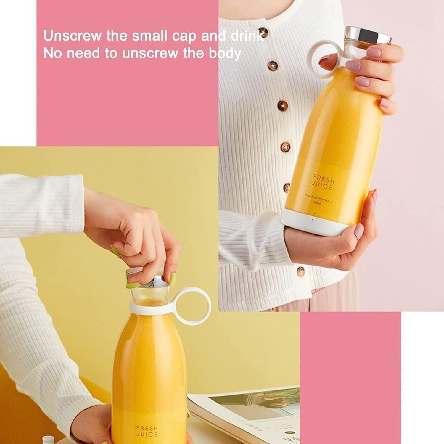 Woman unscrewing small cap of pink juicer bottle to drink juice without removing the whole bottle