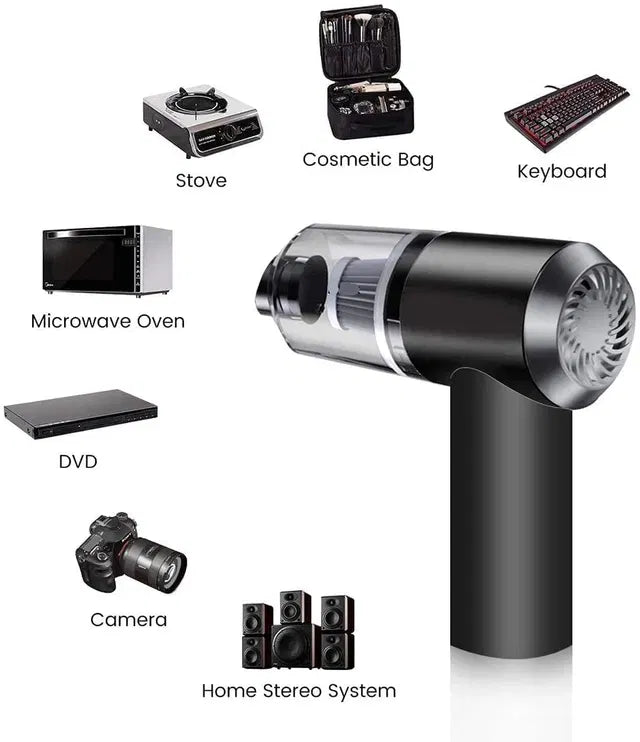 Close-up of compact handheld vacuum cleaner showing clear dust container and filter in black design