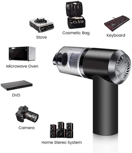 Close-up of compact handheld vacuum cleaner showing clear dust container and filter in black design
