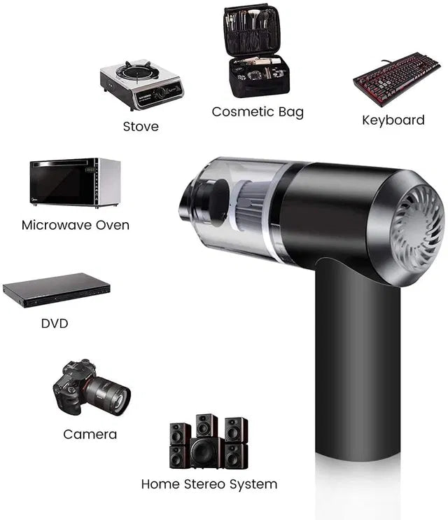 Compact wireless handheld vacuum cleaner with black and transparent parts next to electronic devices and household items