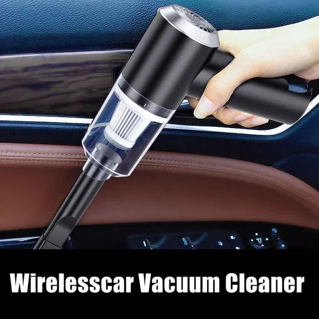 Person using handheld wireless vacuum cleaner to clean car interior near door handle